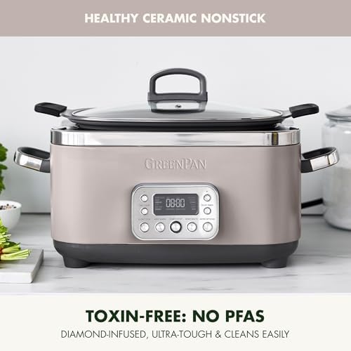 GreenPan Elite 14 in 1 Programmable 6QT Electric Slow Cooker  Dishwasher Safe Lid & Removable Crock  PFAS Free Healthy Ceramic Nonstick Multi Cooker  Sear  Sauté  Brown  Steam Basket  Roast  Clay