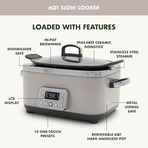 GreenPan Elite 14 in 1 Programmable 6QT Electric Slow Cooker  Dishwasher Safe Lid & Removable Crock  PFAS Free Healthy Ceramic Nonstick Multi Cooker  Sear  Sauté  Brown  Steam Basket  Roast  Clay