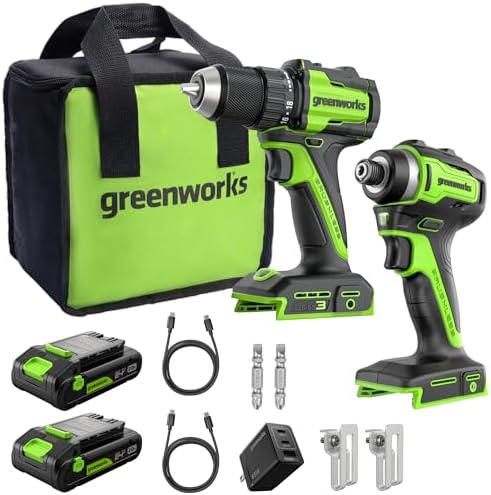 Greenworks 24V Cordless Brushless 400 in lbs Drill/Driver 1950 in lbs Impact Driver Combo High Torque  Lightweight   2  2 0Ah USB C Batteries 12 000mAh Power Bank  and 65W USB C Fast Charger 3 Port 