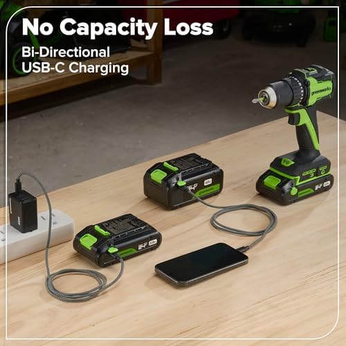 Greenworks 24V Cordless Brushless 400 in lbs Drill/Driver 1950 in lbs Impact Driver Combo High Torque  Lightweight   2  2 0Ah USB C Batteries 12 000mAh Power Bank  and 65W USB C Fast Charger 3 Port 
