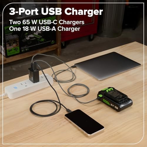 Greenworks 24V Cordless Brushless 400 in lbs Drill/Driver 1950 in lbs Impact Driver Combo High Torque  Lightweight   2  2 0Ah USB C Batteries 12 000mAh Power Bank  and 65W USB C Fast Charger 3 Port 