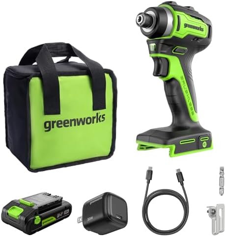Greenworks 24V Cordless Brushless 400 in lbs Drill/Driver 1950 in lbs Impact Driver Combo High Torque  Lightweight   2  2 0Ah USB C Batteries 12 000mAh Power Bank  and 65W USB C Fast Charger 3 Port 