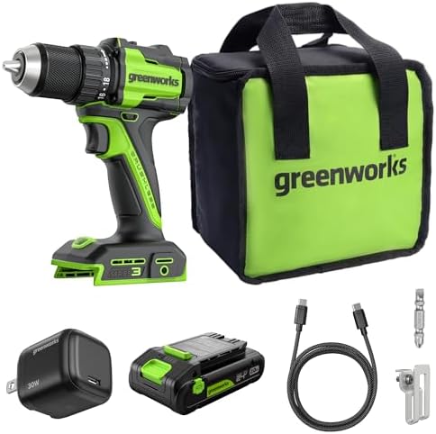 Greenworks 24V Cordless Brushless 400 in lbs Drill/Driver 1950 in lbs Impact Driver Combo High Torque  Lightweight   2  2 0Ah USB C Batteries 12 000mAh Power Bank  and 65W USB C Fast Charger 3 Port 