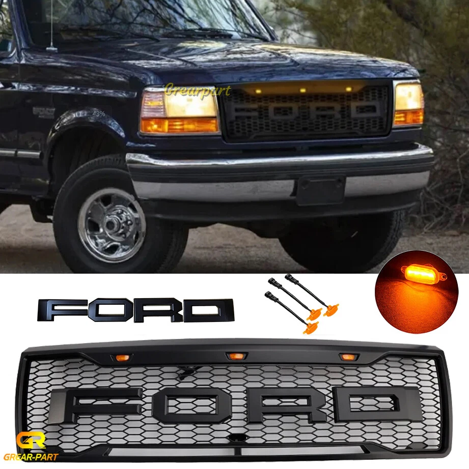 Grill For 1992 1996 Ford F150 Bronco Front Hood Grille W/LEDs & Letters Black