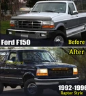 Grill For 1992 1996 Ford F150 Bronco Front Hood Grille W/LEDs & Letters Black