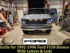 Grill For 1992 1996 Ford F150 Bronco Front Hood Grille W/LEDs & Letters Black
