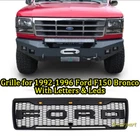Grill For 1992 1996 Ford F150 Bronco Front Hood Grille W/LEDs & Letters Black