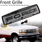 Grill For 1992 1996 Ford F150 Bronco Front Hood Grille W/LEDs & Letters Black
