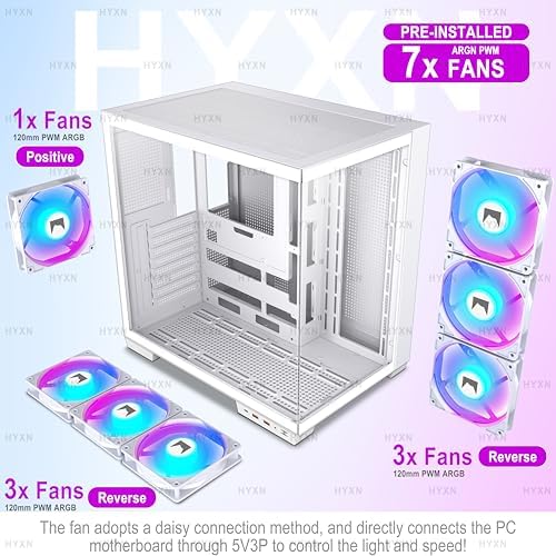 H1 HYXN ATX PC Case   Pre Installed with 7 PWM ARGB Fans   Dual Cavity Mid Tower PC Gaming Case   with Type C   Can Hold up to 3X 360mm heatsinks simultaneously  White  H1 