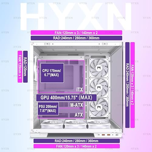 H1 HYXN ATX PC Case   Pre Installed with 7 PWM ARGB Fans   Dual Cavity Mid Tower PC Gaming Case   with Type C   Can Hold up to 3X 360mm heatsinks simultaneously  White  H1 