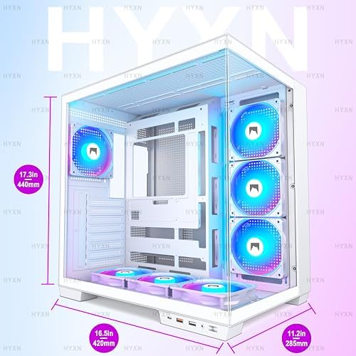 H1 HYXN ATX PC Case   Pre Installed with 7 PWM ARGB Fans   Dual Cavity Mid Tower PC Gaming Case   with Type C   Can Hold up to 3X 360mm heatsinks simultaneously  White  H1 