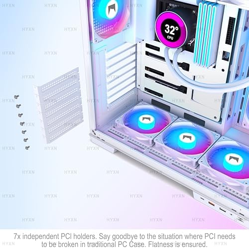 H1 HYXN ATX PC Case   Pre Installed with 7 PWM ARGB Fans   Dual Cavity Mid Tower PC Gaming Case   with Type C   Can Hold up to 3X 360mm heatsinks simultaneously  White  H1 