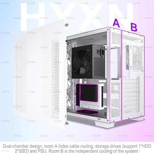 H1 HYXN ATX PC Case   Pre Installed with 7 PWM ARGB Fans   Dual Cavity Mid Tower PC Gaming Case   with Type C   Can Hold up to 3X 360mm heatsinks simultaneously  White  H1 