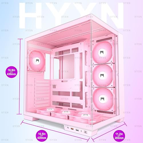 H1 HYXN ATX PC Case   Pre Installed with 7 PWM ARGB Fans   Dual Cavity Mid Tower PC Gaming Case   with Type C   Can Hold up to 3X 360mm Radiator Support simultaneously  Pink  H1 