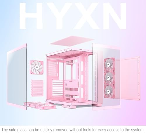 H1 HYXN ATX PC Case   Pre Installed with 7 PWM ARGB Fans   Dual Cavity Mid Tower PC Gaming Case   with Type C   Can Hold up to 3X 360mm Radiator Support simultaneously  Pink  H1 