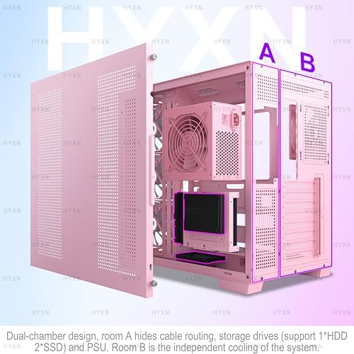 H1 HYXN ATX PC Case   Pre Installed with 7 PWM ARGB Fans   Dual Cavity Mid Tower PC Gaming Case   with Type C   Can Hold up to 3X 360mm Radiator Support simultaneously  Pink  H1 