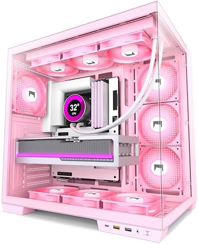 H1 HYXN ATX PC Case   Pre Installed with 7 PWM ARGB Fans   Dual Cavity Mid Tower PC Gaming Case   with Type C   Can Hold up to 3X 360mm Radiator Support simultaneously  Pink  H1