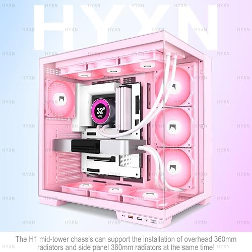 H1 HYXN ATX PC Case   Pre Installed with 7 PWM ARGB Fans   Dual Cavity Mid Tower PC Gaming Case   with Type C   Can Hold up to 3X 360mm Radiator Support simultaneously  Pink  H1