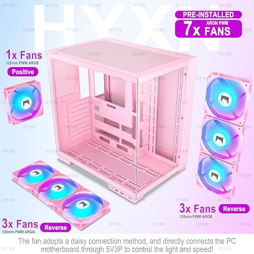 H1 HYXN ATX PC Case   Pre Installed with 7 PWM ARGB Fans   Dual Cavity Mid Tower PC Gaming Case   with Type C   Can Hold up to 3X 360mm Radiator Support simultaneously  Pink  H1