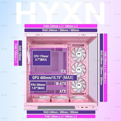 H1 HYXN ATX PC Case   Pre Installed with 7 PWM ARGB Fans   Dual Cavity Mid Tower PC Gaming Case   with Type C   Can Hold up to 3X 360mm Radiator Support simultaneously  Pink  H1