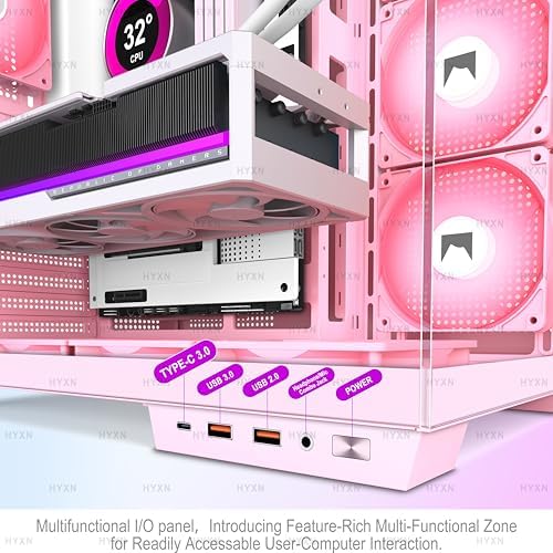H1 HYXN ATX PC Case   Pre Installed with 7 PWM ARGB Fans   Dual Cavity Mid Tower PC Gaming Case   with Type C   Can Hold up to 3X 360mm Radiator Support simultaneously  Pink  H1