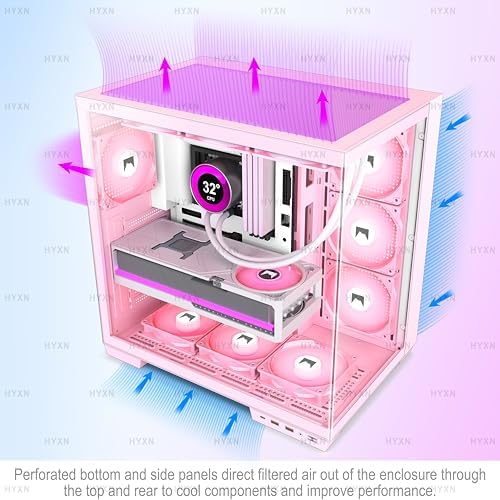 H1 HYXN ATX PC Case   Pre Installed with 7 PWM ARGB Fans   Dual Cavity Mid Tower PC Gaming Case   with Type C   Can Hold up to 3X 360mm Radiator Support simultaneously  Pink  H1