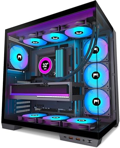 H1 HYXN ATX PC Case   Pre Installed with 7 PWM ARGB Fans   Dual Cavity Mid Tower PC Gaming Case   with Type C   Can Hold up to 3X 360mm Radiator Support simultaneously  Pink  H1