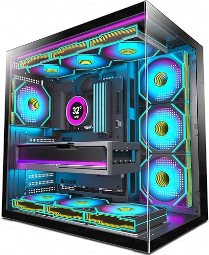 H1 HYXN ATX PC Case   Pre Installed with 7 PWM ARGB Fans   Dual Cavity Mid Tower PC Gaming Case   with Type C   Can Hold up to 3X 360mm Radiator Support simultaneously  Pink  H1