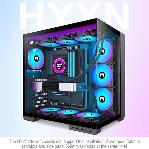 H1 HYXN ATX PC Case   Pre Installed with 7 PWM ARGB Fans   Dual Cavity Mid Tower PC Gaming Case   with Type C   Can Hold up to 3X 360mm Radiator Support simultaneously  Black  H1 