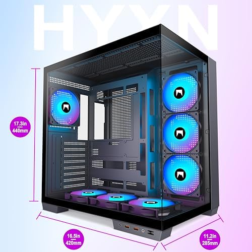 H1 HYXN ATX PC Case   Pre Installed with 7 PWM ARGB Fans   Dual Cavity Mid Tower PC Gaming Case   with Type C   Can Hold up to 3X 360mm Radiator Support simultaneously  Black  H1 