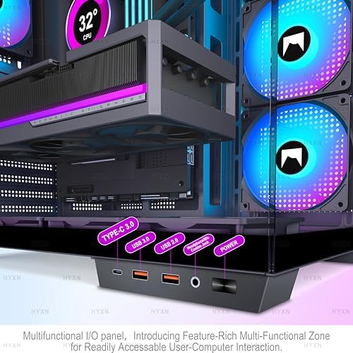 H1 HYXN ATX PC Case   Pre Installed with 7 PWM ARGB Fans   Dual Cavity Mid Tower PC Gaming Case   with Type C   Can Hold up to 3X 360mm Radiator Support simultaneously  Black  H1 