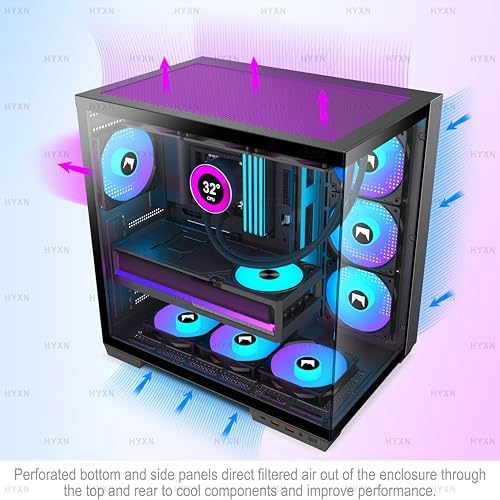 H1 HYXN ATX PC Case   Pre Installed with 7 PWM ARGB Fans   Dual Cavity Mid Tower PC Gaming Case   with Type C   Can Hold up to 3X 360mm Radiator Support simultaneously  Black  H1 