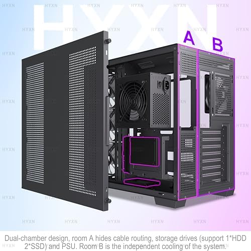 H1 HYXN ATX PC Case   Pre Installed with 7 PWM ARGB Fans   Dual Cavity Mid Tower PC Gaming Case   with Type C   Can Hold up to 3X 360mm Radiator Support simultaneously  Black  H1 