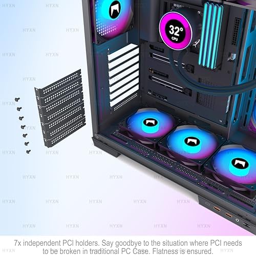 H1 HYXN ATX PC Case   Pre Installed with 7 PWM ARGB Fans   Dual Cavity Mid Tower PC Gaming Case   with Type C   Can Hold up to 3X 360mm Radiator Support simultaneously  Black  H1 