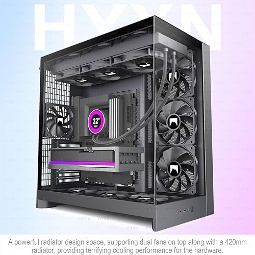 H2  2026  HYXN ATX PC Case  Pre Installed 8 No ARGB Fans  6X140mm 2X120mm   Large Dual Chamber ATX Mid Tower Airflow Computer Case  Gaming PC Case  420mm Radiator Support  Type C 3 2  Black 