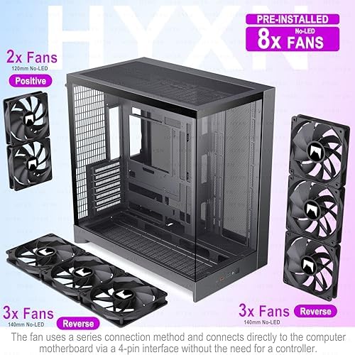 H2  2026  HYXN ATX PC Case  Pre Installed 8 No ARGB Fans  6X140mm 2X120mm   Large Dual Chamber ATX Mid Tower Airflow Computer Case  Gaming PC Case  420mm Radiator Support  Type C 3 2  Black