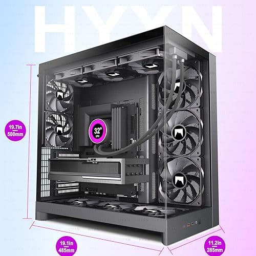 H2  2026  HYXN ATX PC Case  Pre Installed 8 No ARGB Fans  6X140mm 2X120mm   Large Dual Chamber ATX Mid Tower Airflow Computer Case  Gaming PC Case  420mm Radiator Support  Type C 3 2  Black