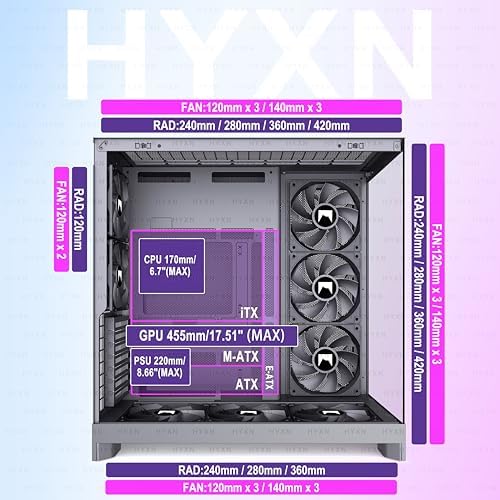 H2  2026  HYXN ATX PC Case  Pre Installed 8 No ARGB Fans  6X140mm 2X120mm   Large Dual Chamber ATX Mid Tower Airflow Computer Case  Gaming PC Case  420mm Radiator Support  Type C 3 2  Black