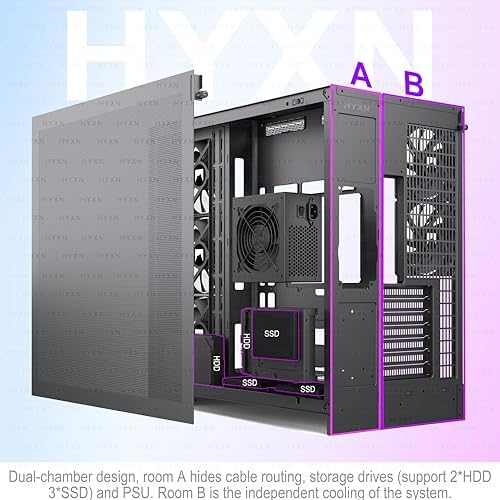H2  2026  HYXN ATX PC Case  Pre Installed 8 No ARGB Fans  6X140mm 2X120mm   Large Dual Chamber ATX Mid Tower Airflow Computer Case  Gaming PC Case  420mm Radiator Support  Type C 3 2  Black