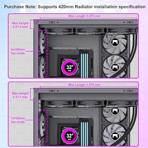 H2  2026  HYXN ATX PC Case  Pre Installed 8 No ARGB Fans  6X140mm 2X120mm   Large Dual Chamber ATX Mid Tower Airflow Computer Case  Gaming PC Case  420mm Radiator Support  Type C 3 2  Black