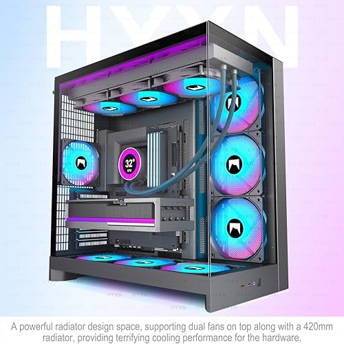 H2  2026  HYXN ATX PC Case  Pre installed 8 PWM ARGB Fans  6X140mm 2X120mm   Large Dual Chamber ATX Mid Tower Airflow Computer Case  Gaming PC Case  420mm Radiator Support  Type C 3 2  Black RGB 