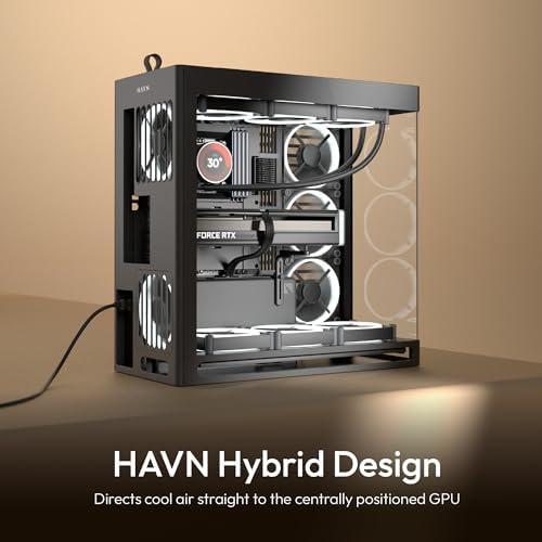 HAVN HS 420 - Gabinete de PC de Torre Mediana de Cámara Dual ATX Negro | Diseño Híbrido, 11 Ranuras para Ventiladores de 140mm y Soporte para 3 Radiadores de 420mm, Gestión de Cables SimpliCable