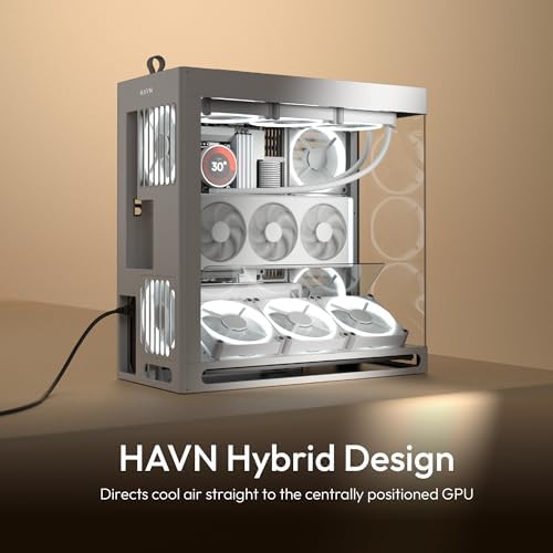 HAVN HS 420 VGPU Dual Chamber Mid Tower ATX PC Case White   PCIe 5 0 Vertical GPU Kit  11x 140mm Fan Slots & 2X 420mm Radiator Support  SimpliCable Cable Management  Tempered Glass  PWM Fan Hub