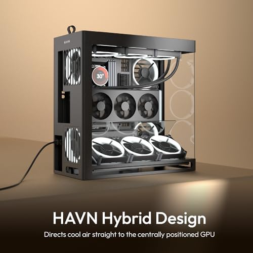 HAVN HS 420 VGPU Dual Chamber Mid Tower ATX PC Case Black   PCIe 5 0 Vertical GPU Kit  11x 140mm Fan Slots & 2X 420mm Radiator Support  SimpliCable Cable Management  Tempered Glass  PWM Fan Hub