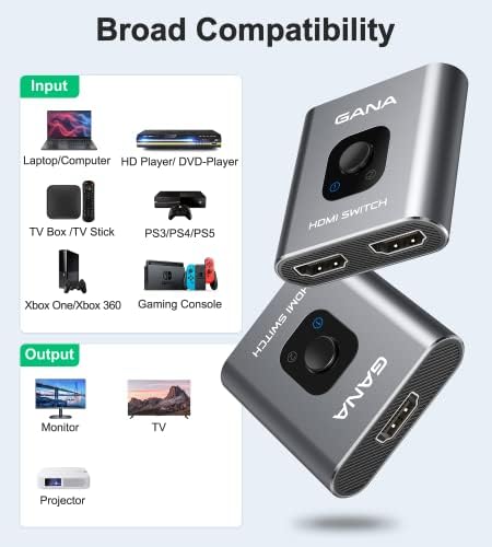 HDMI Switch 4k 60hz Splitter  GANA Aluminum Bidirectional HDMI Switcher 2 in 1 Out  Manual HDMI Hub Supports HD Compatible with Xbox PS5/4/3 Blu Ray Player Fire Stick Roku
