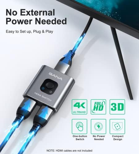 HDMI Switch 4k 60hz Splitter  GANA Aluminum Bidirectional HDMI Switcher 2 in 1 Out  Manual HDMI Hub Supports HD Compatible with Xbox PS5/4/3 Blu Ray Player Fire Stick Roku