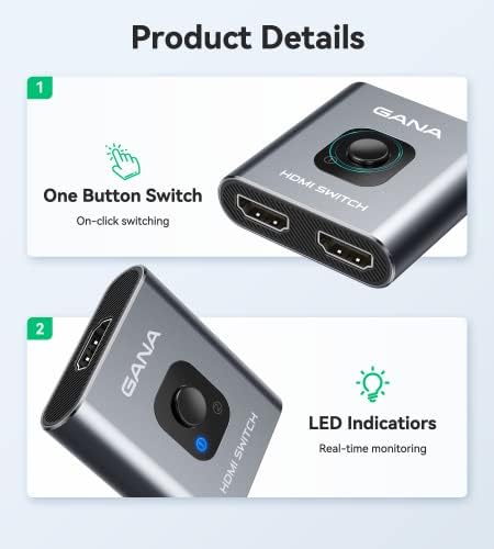 HDMI Switch 4k 60hz Splitter  GANA Aluminum Bidirectional HDMI Switcher 2 in 1 Out  Manual HDMI Hub Supports HD Compatible with Xbox PS5/4/3 Blu Ray Player Fire Stick Roku