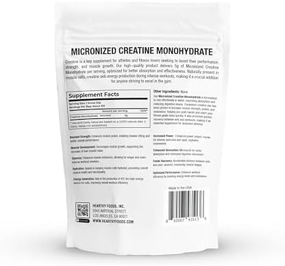 HEARTHY FOODS Creatine Monohydrate Micronized Powder 500G   100 Servings  5000mg Per Serving  5g    17 64 Oz for Men & Women Muscle Growth & Recovery   UNFLAVORED