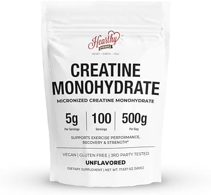 HEARTHY FOODS Creatine Monohydrate Micronized Powder 500G   100 Servings  5000mg Per Serving  5g    for Men & Women Muscle Growth & Recovery   UNFLAVORED
