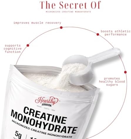 HEARTHY FOODS Creatine Monohydrate Micronized Powder 500G   100 Servings  5000mg Per Serving  5g    for Men & Women Muscle Growth & Recovery   UNFLAVORED